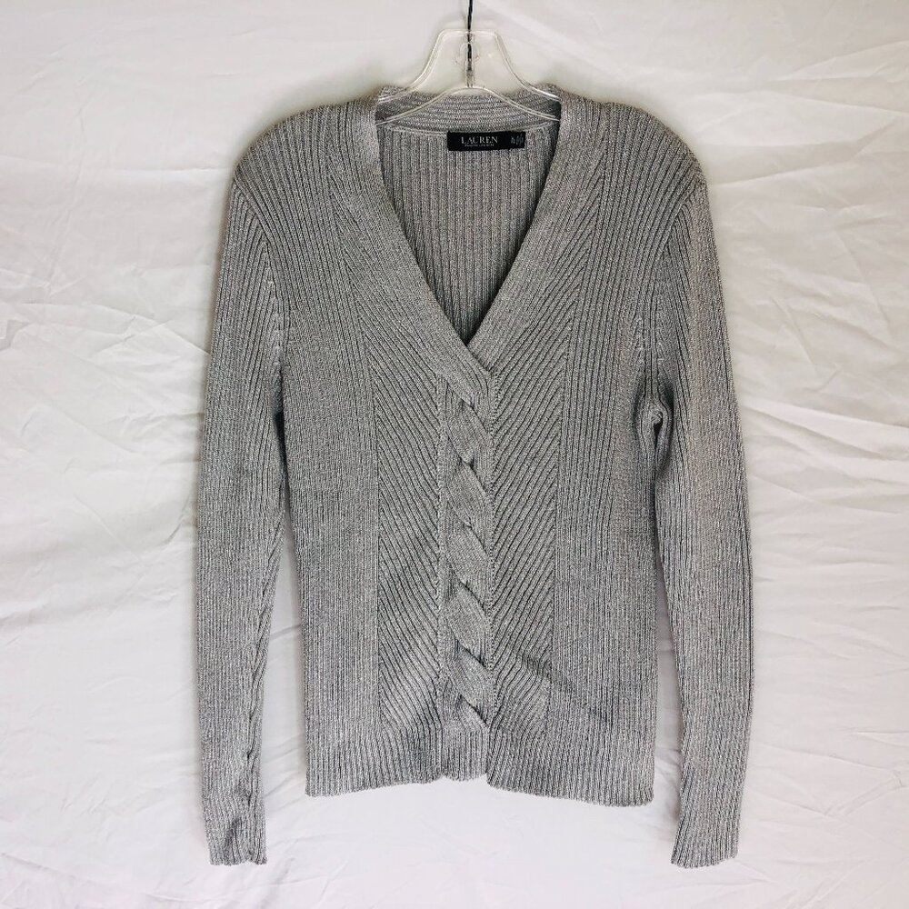 Lauren Ralph Lauren Women's‎ XL Gray Sparkle Center Cable Knit Sweater